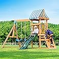 ROBUD Swing Sets for Backyard, Wooden Swing Set, All-in-One Kids Outdoor Play Equipment with Two Swings, Slide, Rock Climbing Wall, Blackboard, Telescope, Fort, Outdoor Playset for Kids & Toddlers