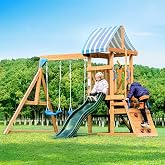 ROBUD Swing Sets for Backyard, Wooden Swing Set | All-in-One Kids Outdoor Play Equipment with Two Swings, Slide, Rock Climbing Wall, Blackboard, Telescope, Fort