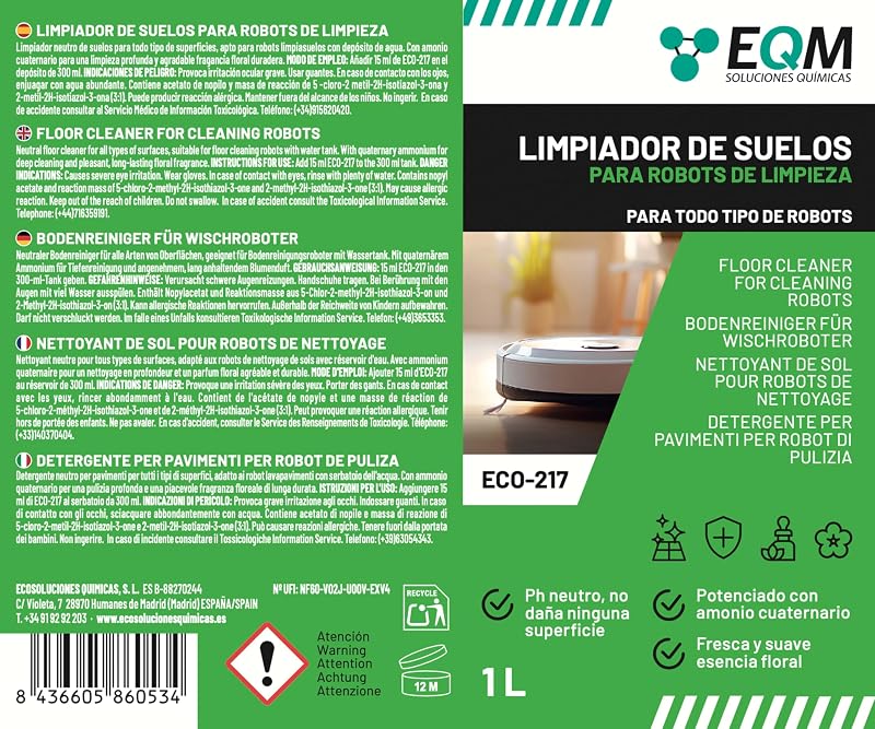 EQM - ECO-217 - Limpador de Pavimentos para Robôs de Limpeza - 2x1 L - Adequado para Qualquer Superfície graças ao seu pH Neutro - Aroma Floral Agradável