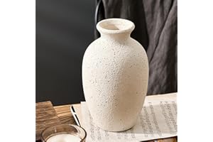PORCER Ceramic Rustic Flower Vase, 8.38 Inch Vintage Pottery Home Decor, Antique Farmhouse Terracotta Vase for Living Room, Table, Shelf, Mantel Decoration, Farmhouse - Cream-White