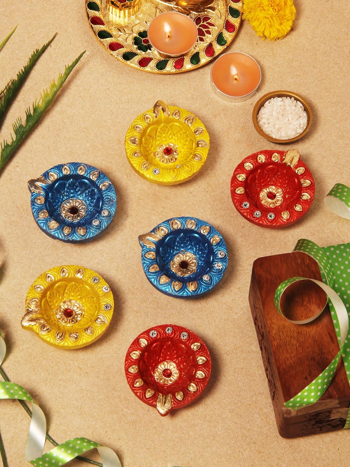 Oil Lamps & Accessories - Handmade Terracoaat Set of 6 Premium Multicolored Clay Diya for Diwali Navratri Decorations Oil Lamp Diwali Clay Diya Tea Light Holder Home Decor Festival Gifts Puja Items