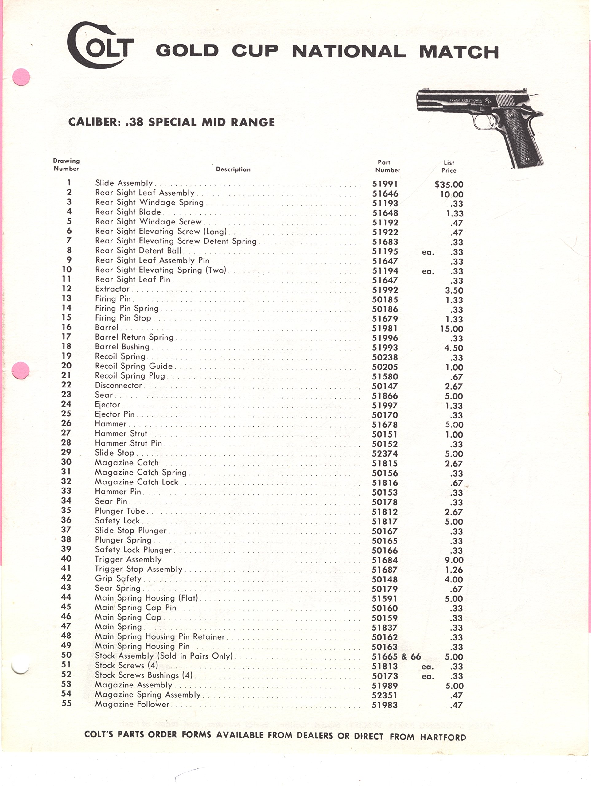 Colt Gold Cup National Match Caliber 38 Special Pistol Parts List Colt S Patent Fire Arms Manufacturing Co Amazon Com Books