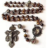 elegantmedical HANDMADE Vintage Catholic Tiger Eye & Nepal Beads Bronze Pardon Crucifix Cross Rosary Necklace Catholic Gift