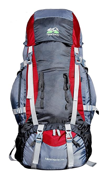 Hikers way 70 Ltrs Internal Frame Rucksack backpacks Travel Bag Hiking Bag Camping Bag Trekking bags with waterproof compartment & Rain Cover (HW-7001) (Red)