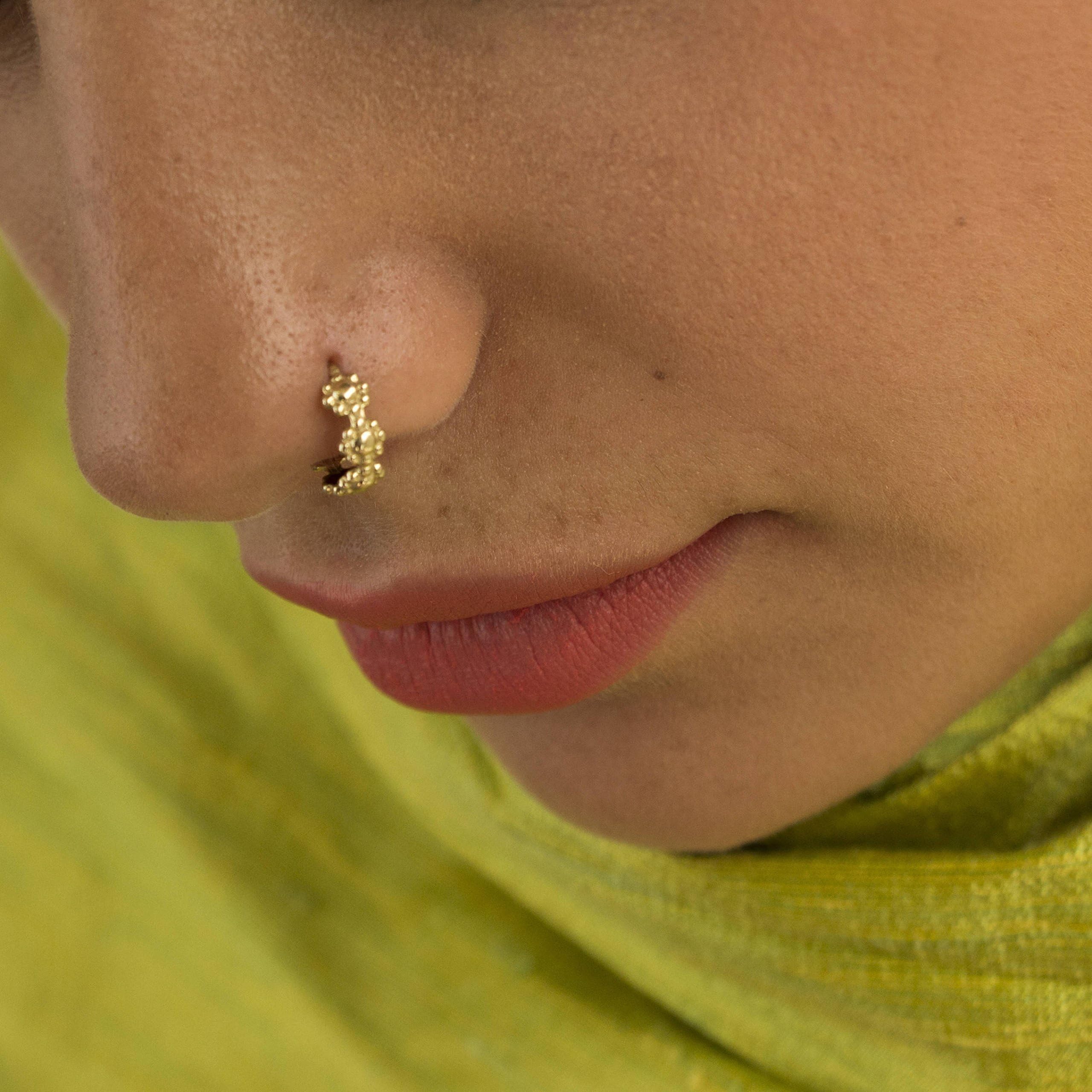 Unique Nose Ring, 14K Gold Indian Tribal Flower Nose Piercing, Fits Cartilage, Helix, Daith, Tragus, 20g Earring, Handmade Body Jewelry