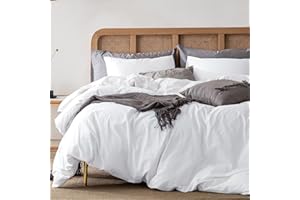 ATsense Duvet Cover Queen Size, 100% Washed Cotton Linen Feel Super Soft Comfortable, 3-Piece White Duvet Cover Bedding Set, Long-Lasting and Easy Care, Simple Style Farmhouse Comforter Cover
