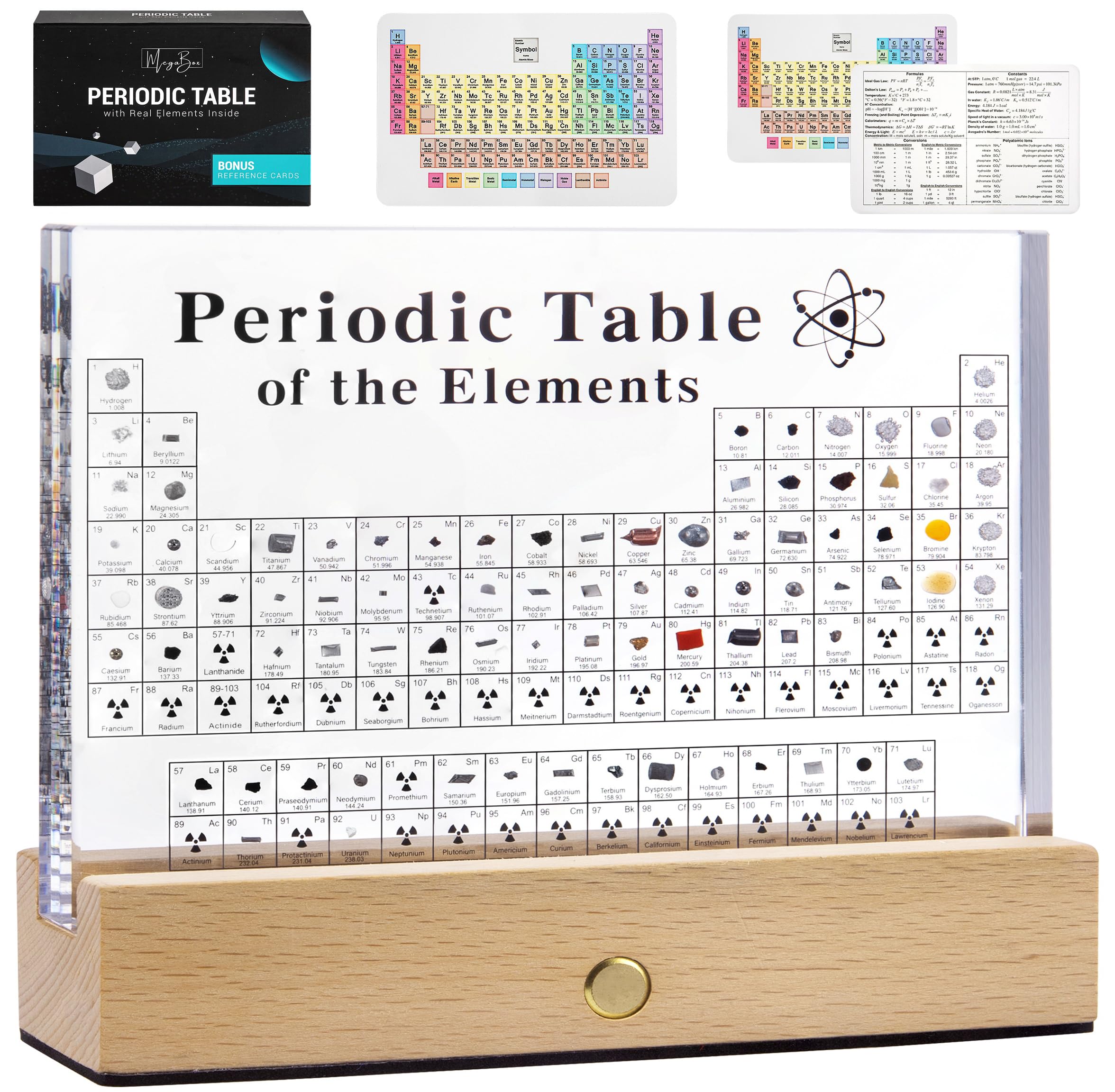 MegaBox Periodic Table With 83 Kinds Of Real Elements With Wooden Stand, Perfect Science Teacher Gift (Regular 6.0 X 4.5 in)