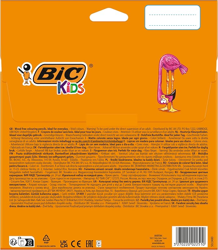 Lápis de cor bic kids para crianças, ideal para material escolar, tropicolors, cores sortidas, 2,9 mm, embalagem blister de 24