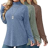 Ficerd 3 Pack Women's Plus Size Turtleneck Sweater Tunics, Long Sleeve Thumbhole Ribbed Tops Curved Hem Loose Pullover Shirts
