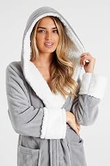 CityComfort Ladies Hooded Dressing Gown Sherpa Hood Plush Bathrobe M Grey view 2