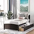 SOFTSEA Twin Platform Bed with Drawers, Solid Wood Bed Frame with Headboard Mattress Foundation No Box Spring Needed (Espresso)