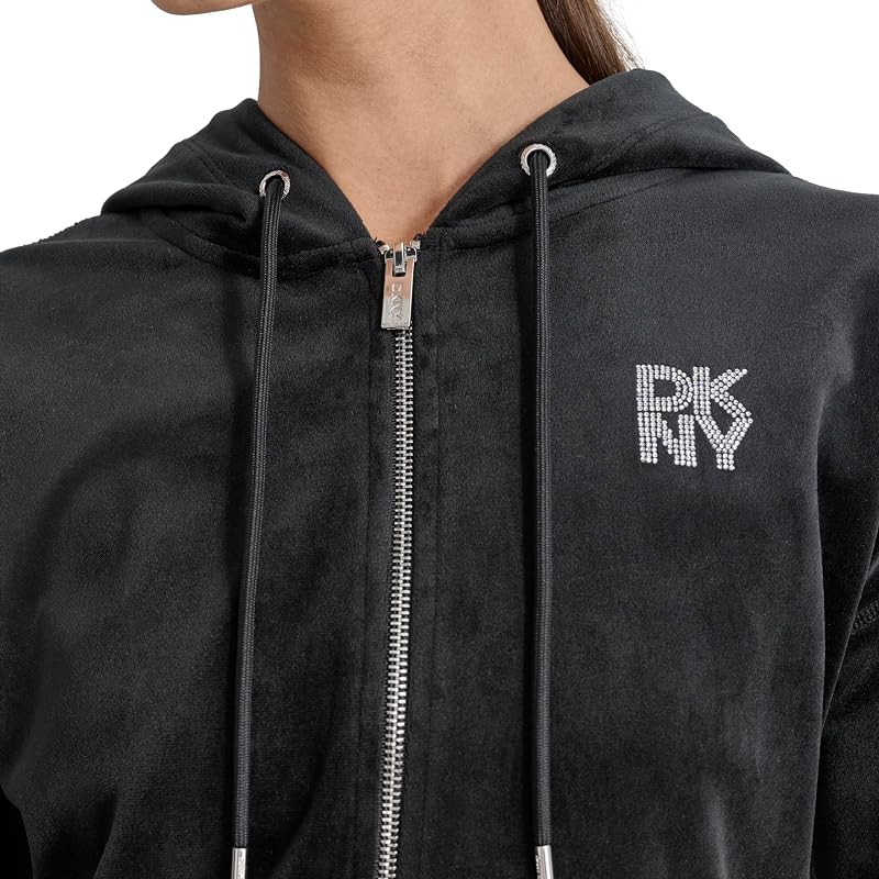 Casaco com capuz com fecho completo com logótipo Rhinestone, preto, M para mulheres