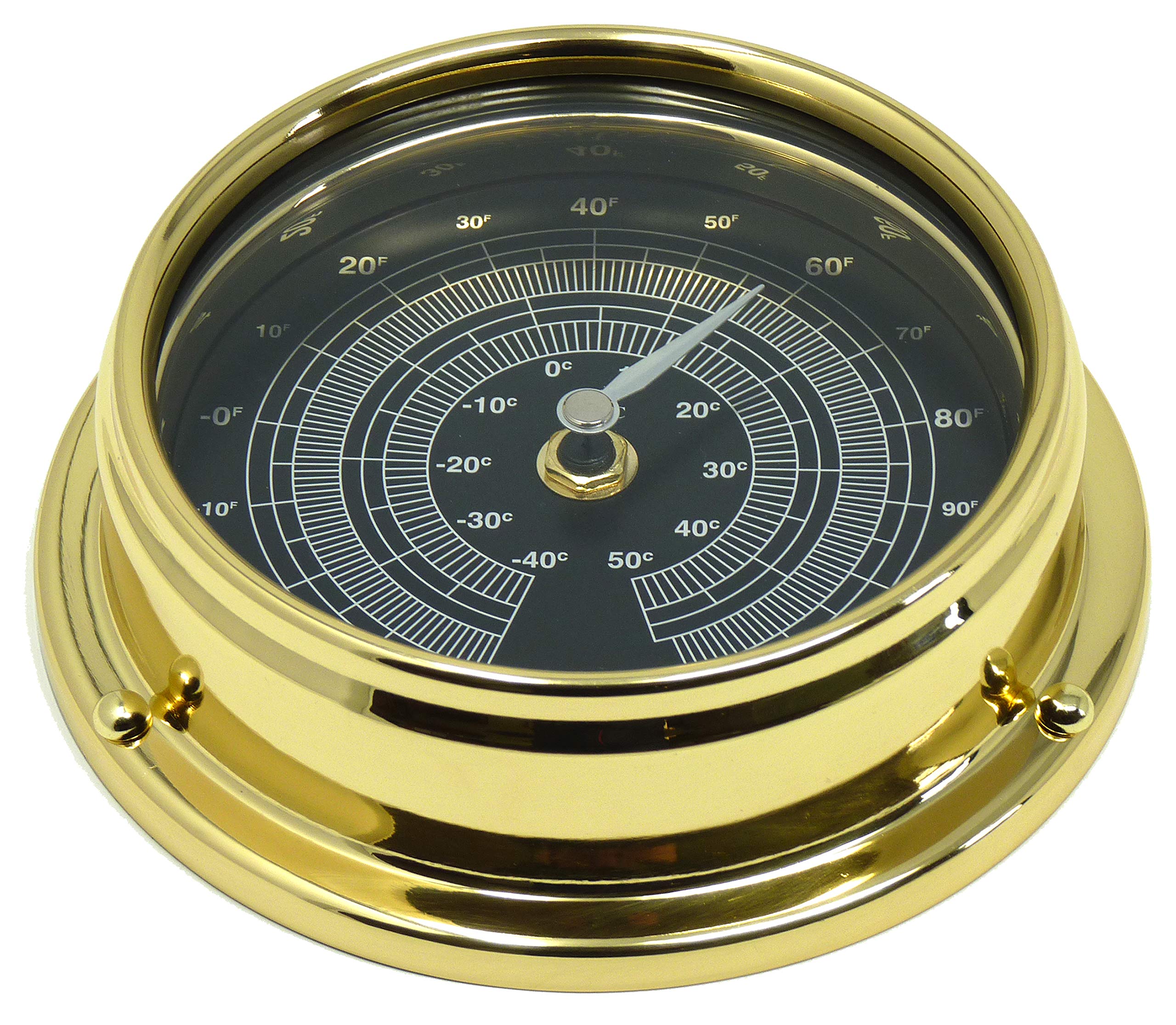 Tabic Prestige Solid Brass Thermometer With Jet Black Dial, Heavy Brass Case (1/2 kg), Handmade In England