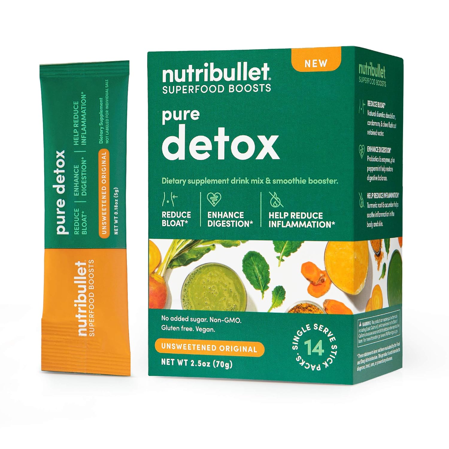 NutriBullet Superfood Boosts – Pure Detox (with fiber, prebiotics, probiotics, enzymes & premium botanicals), Unsweetened, 14 Stick Packs
