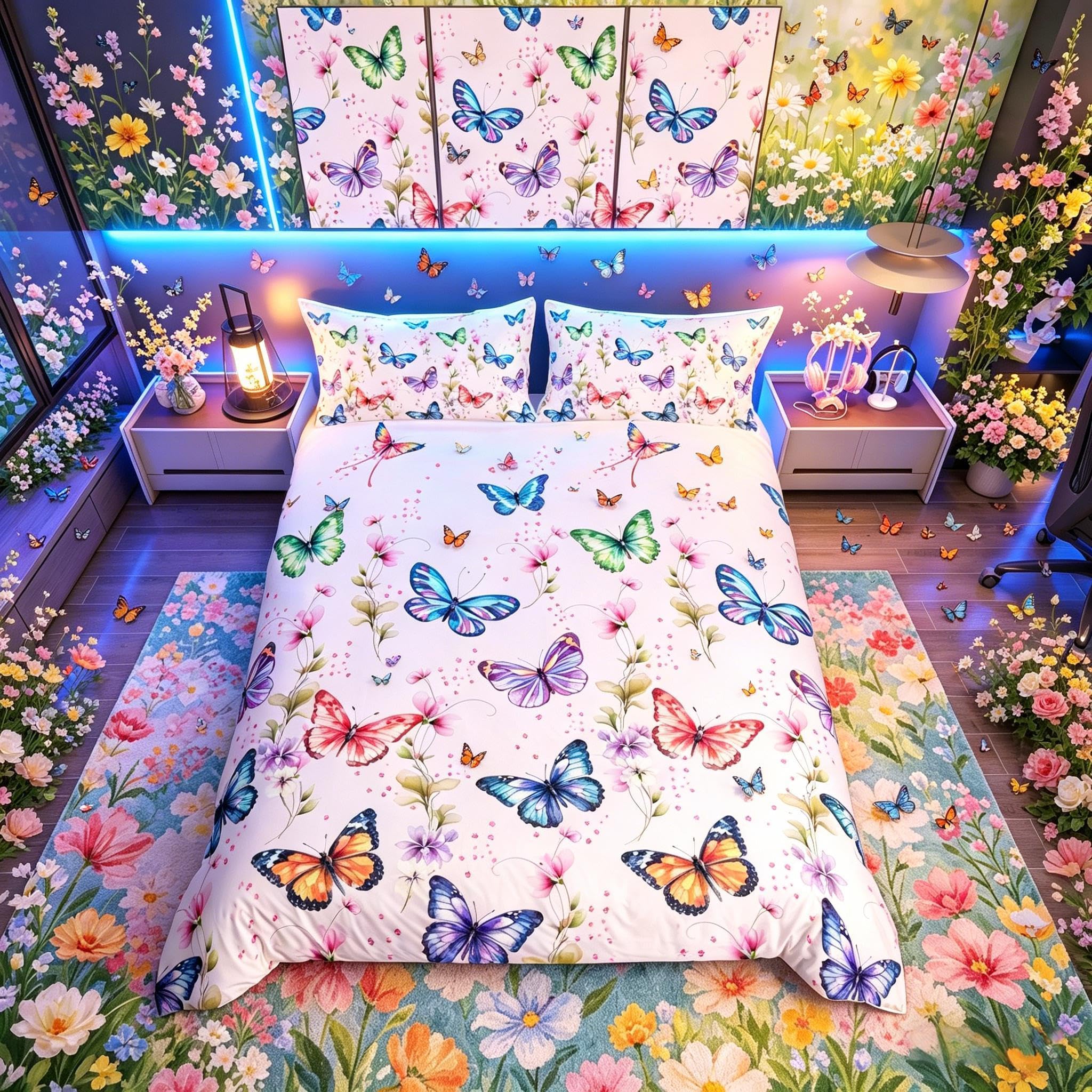Loussiesd Girls Single Duvet Cover Set Butterfly Bedding Set 135x200cm with 1 Pillowcase Purple Reversible Bright Floral Print Bedding Set for Kids Colorful Butterflies Bedding 2 Pcs — image 1