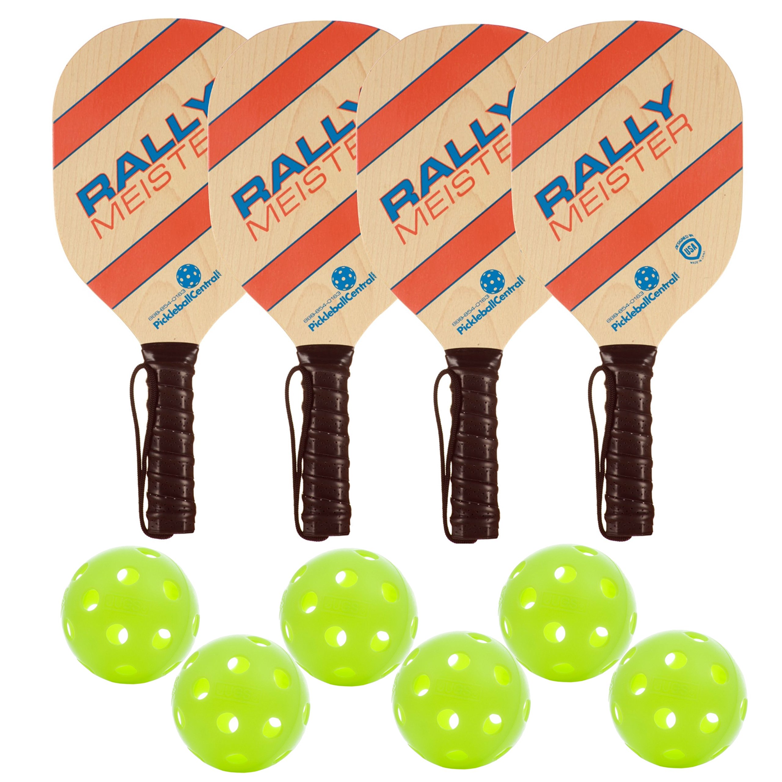 Rally Meister Wood Pickleball Paddle Deluxe Bundle 4 Paddles 6 Balls