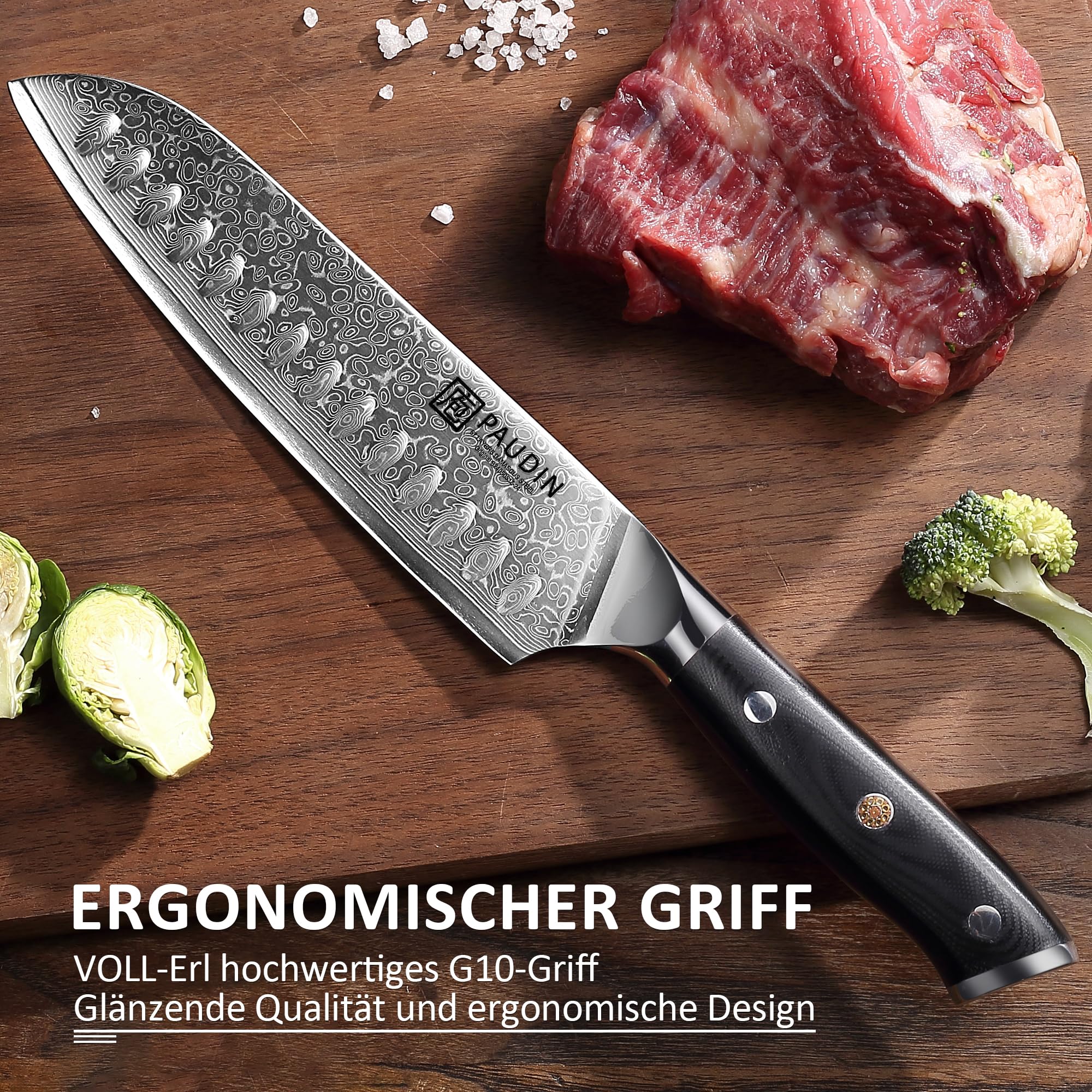 PAUDIN Santokumesser Damastmesser 17 cm, Ultra Scharfes Kochmesser aus 67 Lagen Damaststahl mit japanischem VG10- Kern, Profi Küchenmesser mit ergonomischem G10-Griff 8