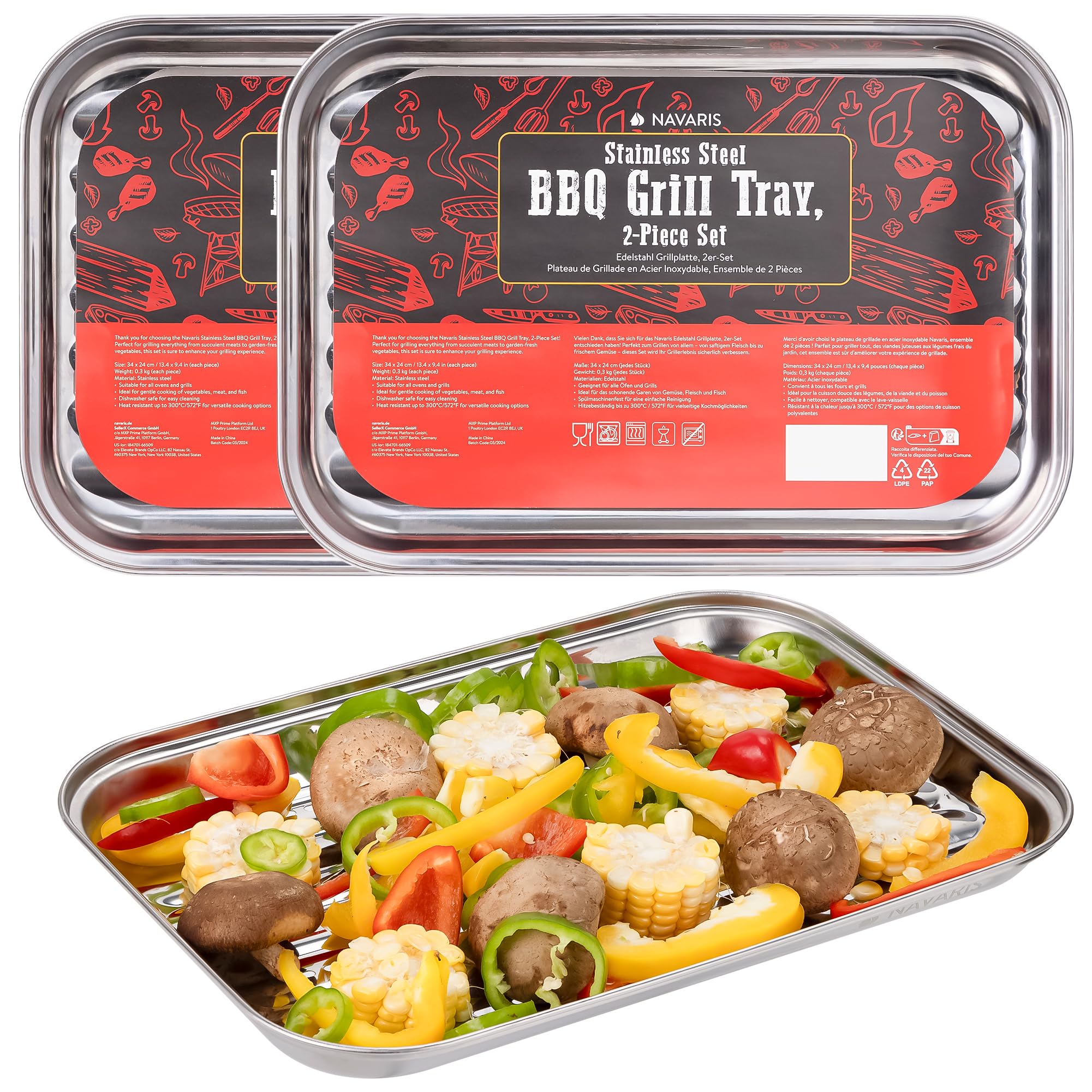 Navaris Stainless Steel BBQ Grill Tray - 34cmx24cm (13.4"x9.4") BBQ Grill Pan with Heavy-Duty Design & Perfect Heat Distribution - Easy to Use & Clean for Any Griller - 2-Piece Set