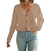 MEROKEETY Women's Long Sleeve Open Front Cable Knit Crop Cardigans V Neck Button Sweaters with Pockets