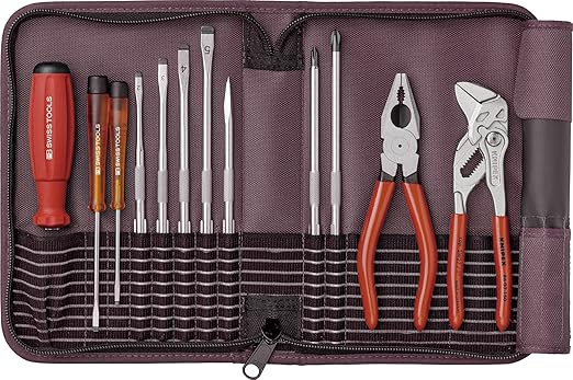 PB Swiss Tools Werkzeug-Set 12-tlg. Inkl. Rolltasche, Schraubendreher, Knipex Zangen, 100% Swiss Made, Lebenslange Garantie, 