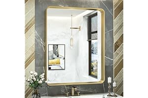 TokeShimi Gold Bathroom Mirror for Wall 30 x 36 Inch Metal Rounded Corner Rectangle Mirror Metal Frame Deep Set Design Hangs Horizontal Or Vertical