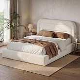 Homkdom Cloud Bed Frame Full Size with 4.9" Headboard for Small Apartment | Boucle Fabric, Round Edges, 15-Min Easy Assembly, Noise-Free, No Box Spring Needed, Low-Profile Bed for Modern Bedroom, Beige