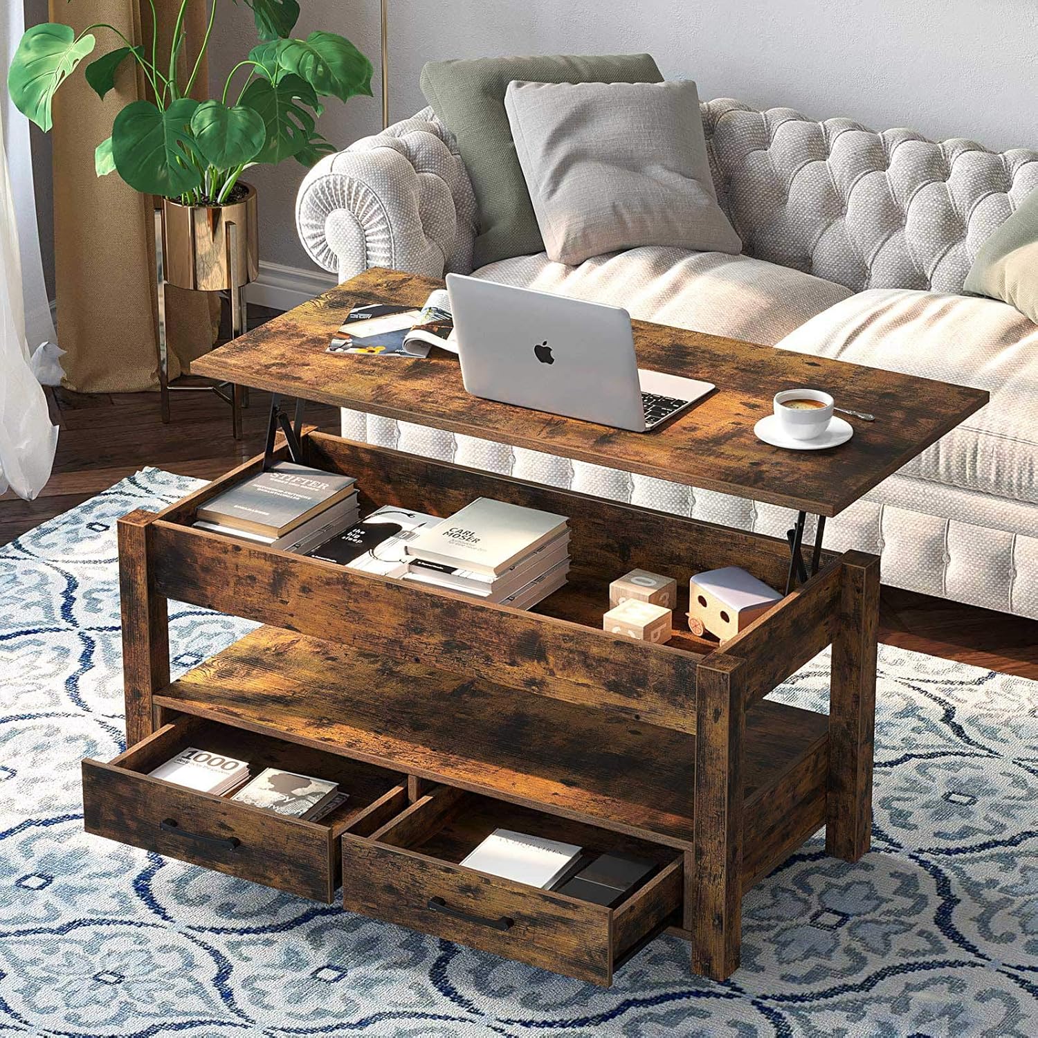 Rolanstar Coffee Table, Lift Top Coffee Table with Drawers and Hidden Compartment, Retro Central Table with Wooden Lift Tabletop, for Living Room, Rustic Brown: Home & Kitchen