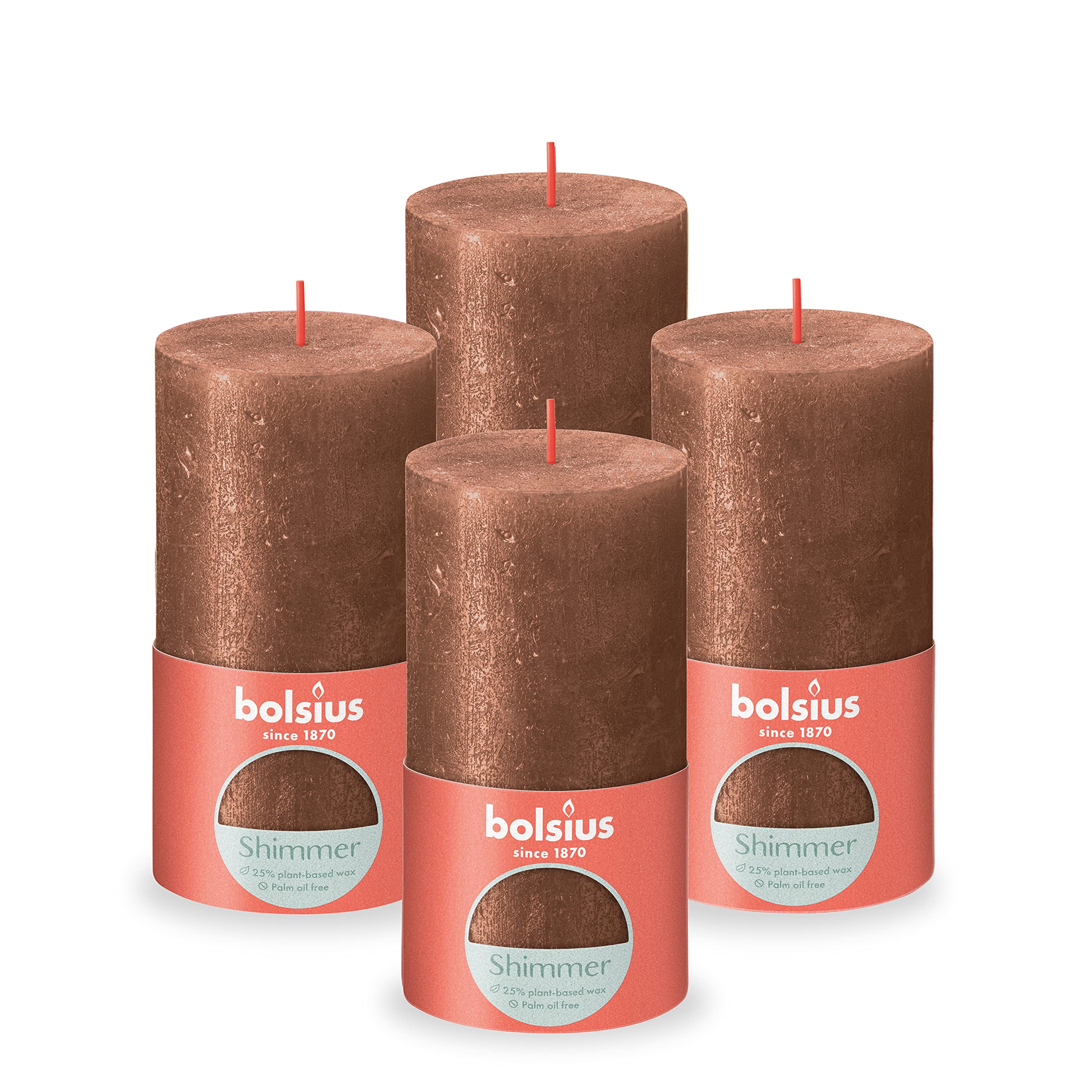 Bolsius Rustic Pillar Candle - Shimmer Copper - Pack of 4 - Long Burning Time of 62 Hours - Interior - Unscented - Includes Natural Vegan Wax - No Palm Oil - 13 x 7 cm