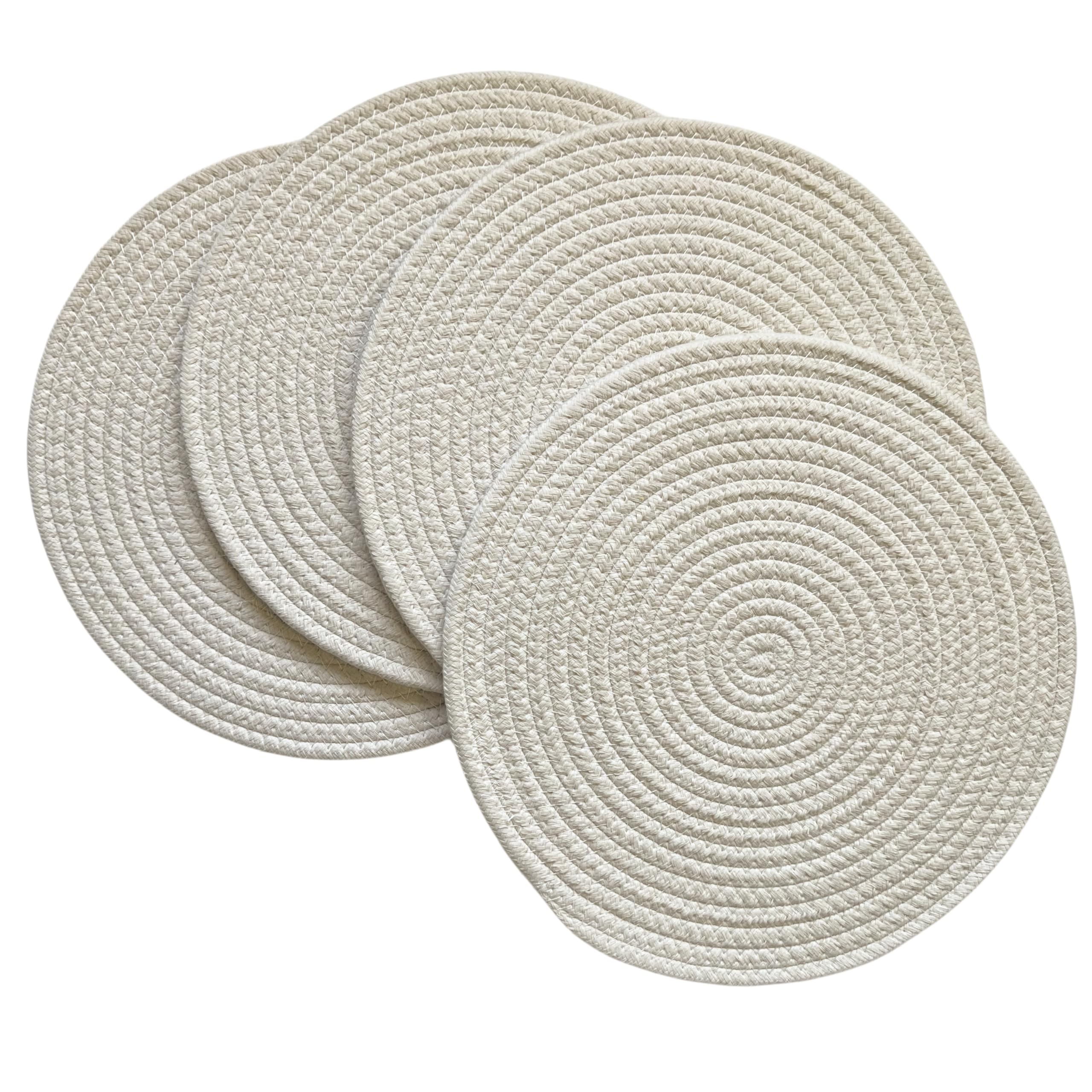 Photo 1 of WAZAIGUR Round Placemats Washable Thick Cotton Absorbent 13 inch Round Table Mats for Kitchen Dining Table Set of 4 Round Woven Fabric Indoor/Outdoor Place Mats (Cream, 4)