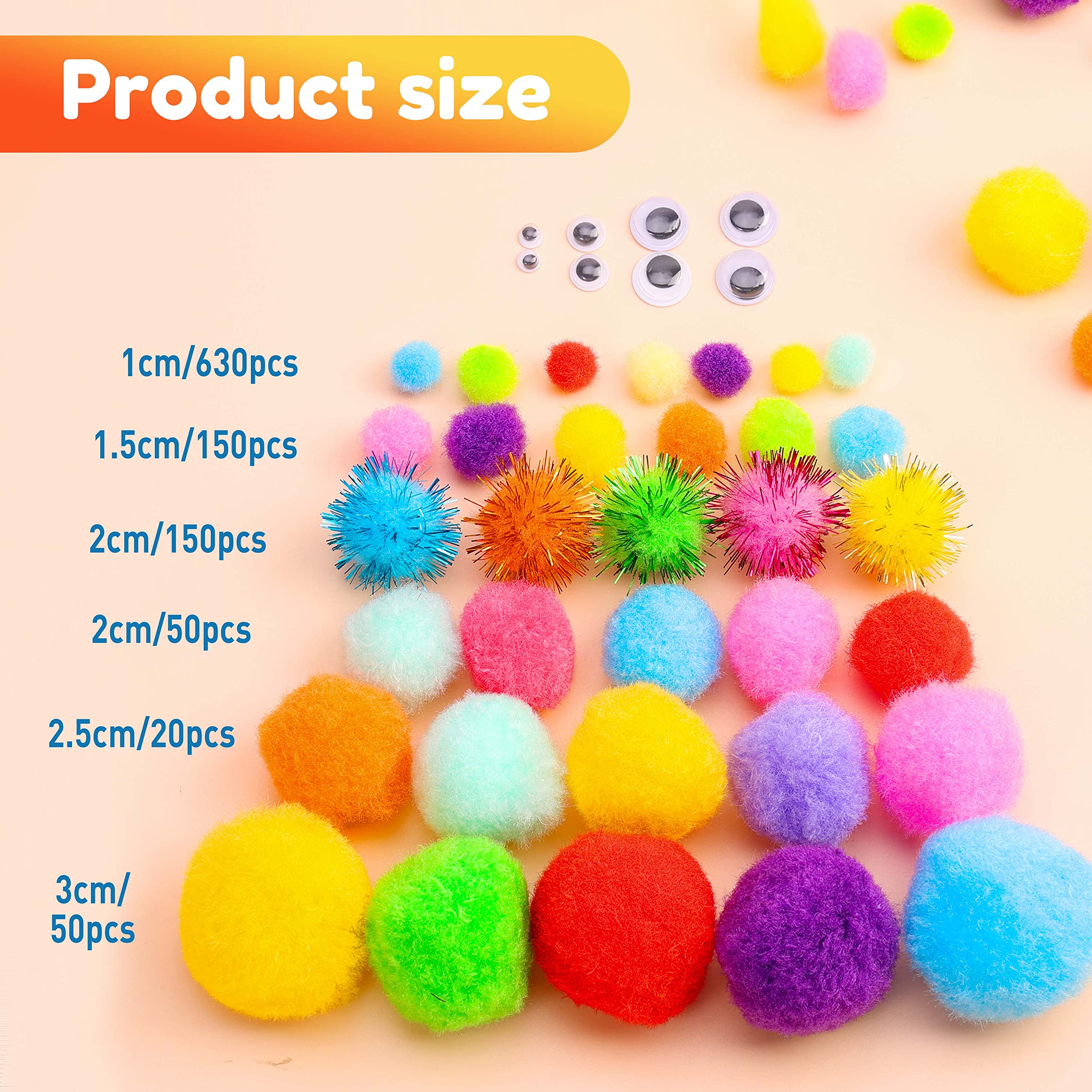 Caydo [1200PCS] 1050Pcs Multicolor Pom Poms, Assorted Sizes & Colors Craft Pompom Balls with 150pcs Wiggly Eyes for Kids Arts and Craft Projects and Decorations