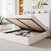 Allewie Queen Size Lift Up Storage Bed Frame,Storage Shelf Headboard with Charging Station,Type-C and USB Ports,Hydraulic Support,Velvet Upholstered Bed Frame,No Box Spring Needed,White