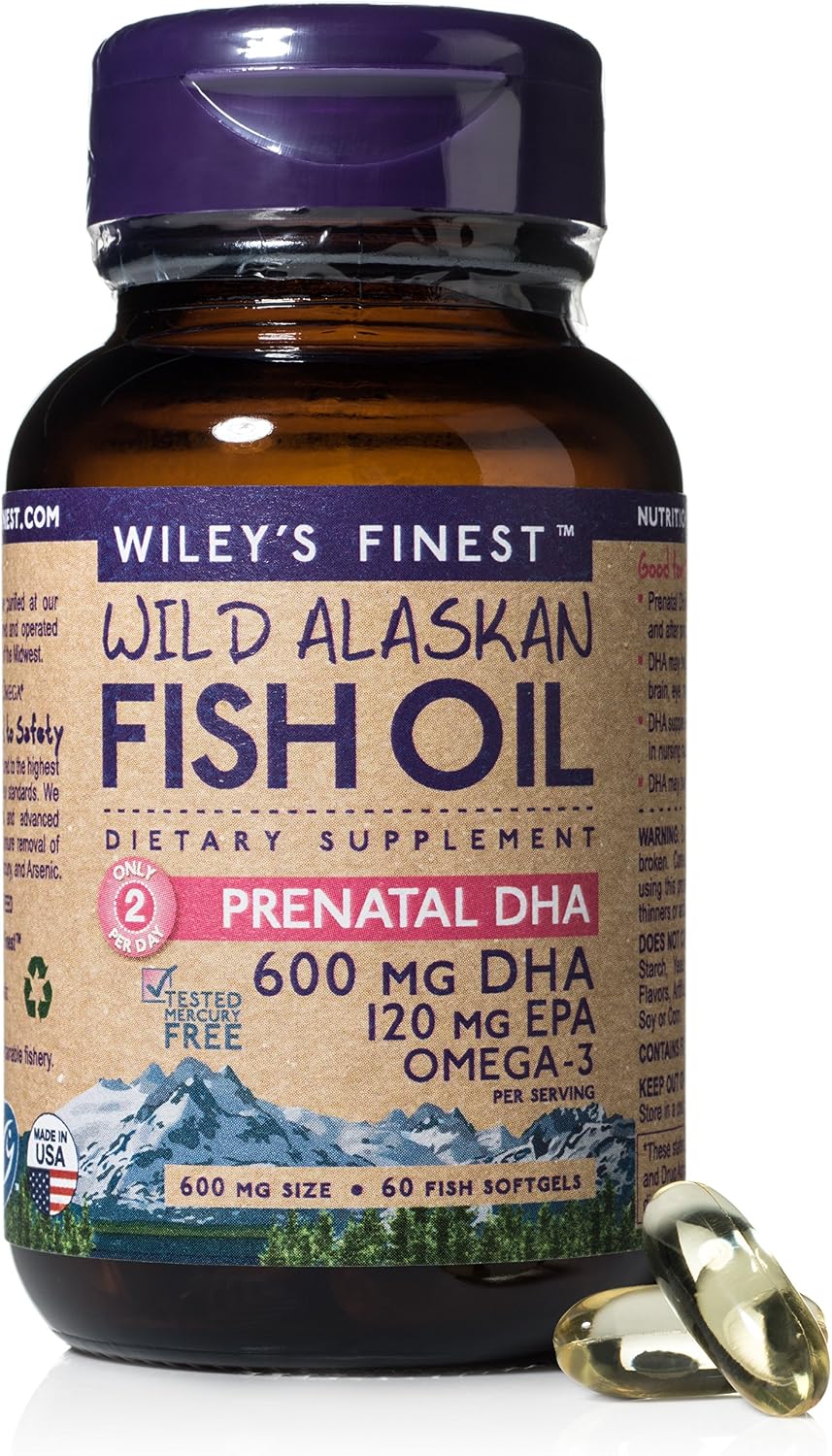 Wiley's Finest Wild Alaskan Fish Oil Prenatal DHA, 720mg EPA and DHA Omega-3s for Pregnant Women and Nursing Mothers