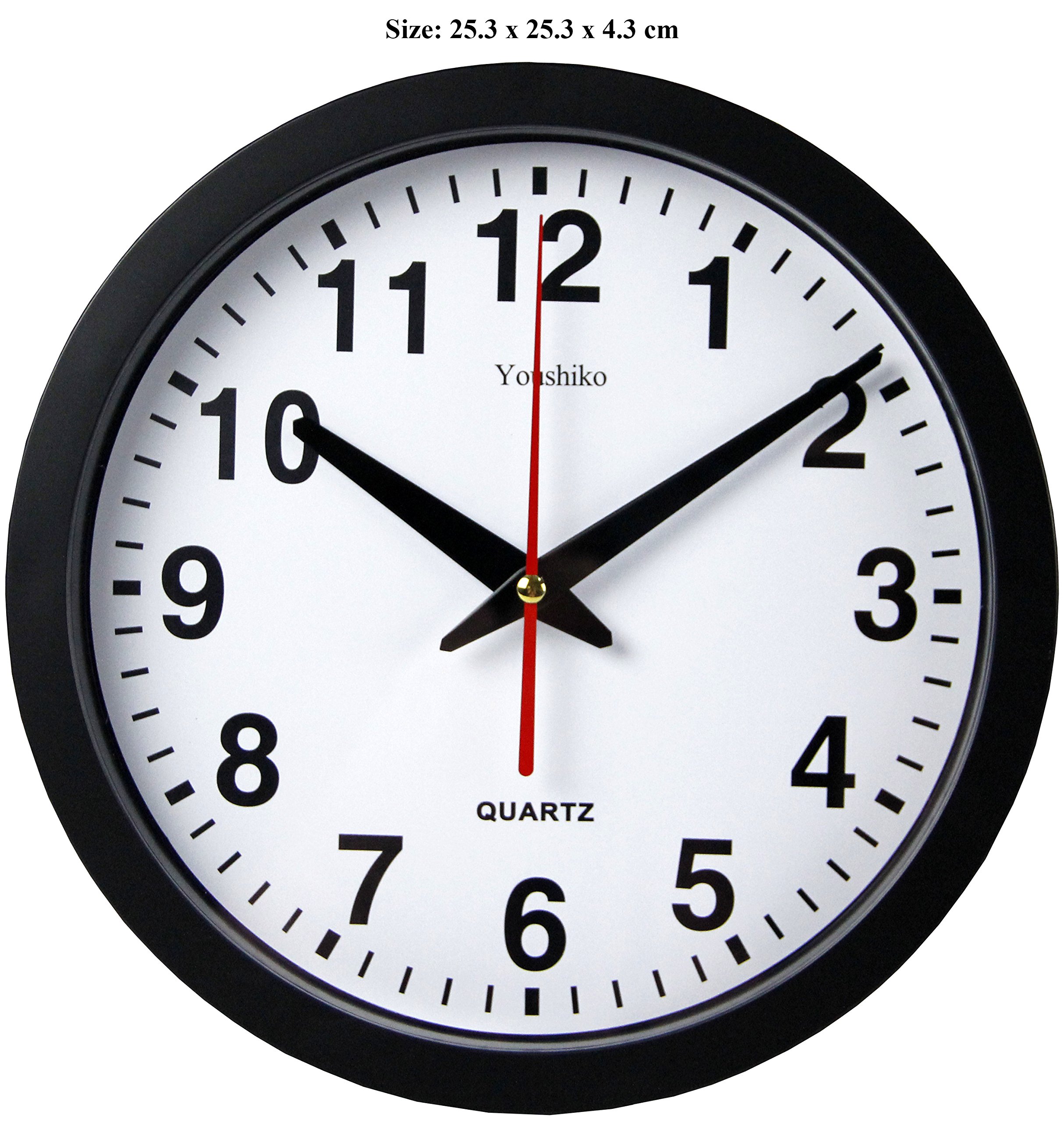 Youshiko Stylish Black & White Bold Classic Quartz Wall Clock Non Ticking Silent (25cm / 10-Inch Diameter), Home/Kitchen/Office/School Clock, Easy to Read