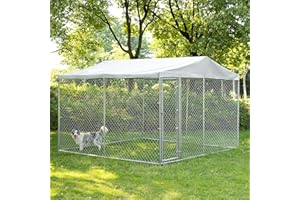 MEETWARM Large Outdoor Dog Kennel, Heavy Duty Dog House Playpen Galvanized Steel Pet Fence with Fully Enclosed Waterproof UV-Resistant Cover, Stainless Steel Zip Ties and Secure Lock
