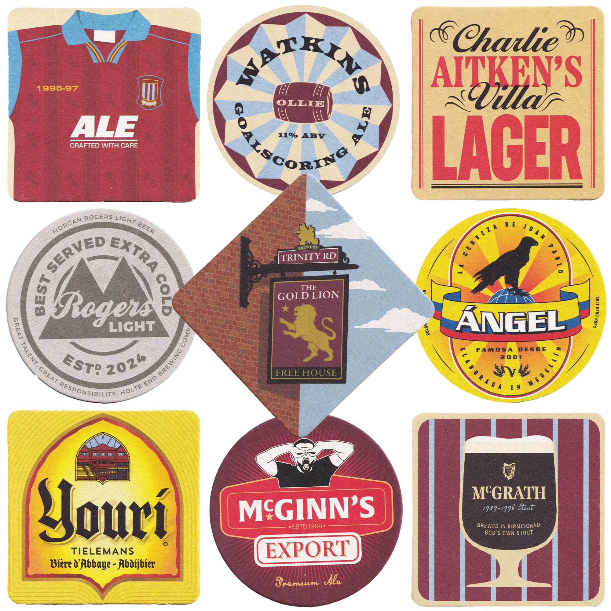 Aston Villa Beer Mats x9-9 Double-Sided Mats, 18 Designs In Total