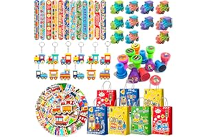 110pcs Train Party Favors, Train Birthday Favors Set Including Train Theme Party Bags Keychains Slap Bracelets Stamps etc Tra