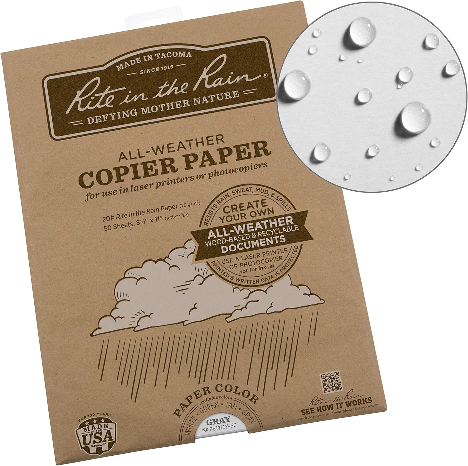 Rite in the Rain Weatherproof Laser Printer Paper, 8 1/2" x 11", 20# Gray Colored Printer Paper, 50 Sheet Pack (No. 8511GY-50) : Office Products