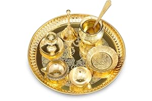 BENGALEN Brass Puja thali Set 8 Inch with Pital Plate Dhup Dan Kalash Spoon Ghanti Bowl Kuber Diya Kangura Plate Pooja Thali for Diwali Home Mandir Office Wedding Return Gift Items