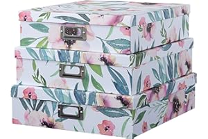 Soul & Lane Decorative Cardboard Storage Boxes With Lids for Home Décor - Set of 3: Floral Photo Storage Box, Paperboard Letter Box, Nesting Scrapbook Paper Storage, Memory Box For Keepsakes