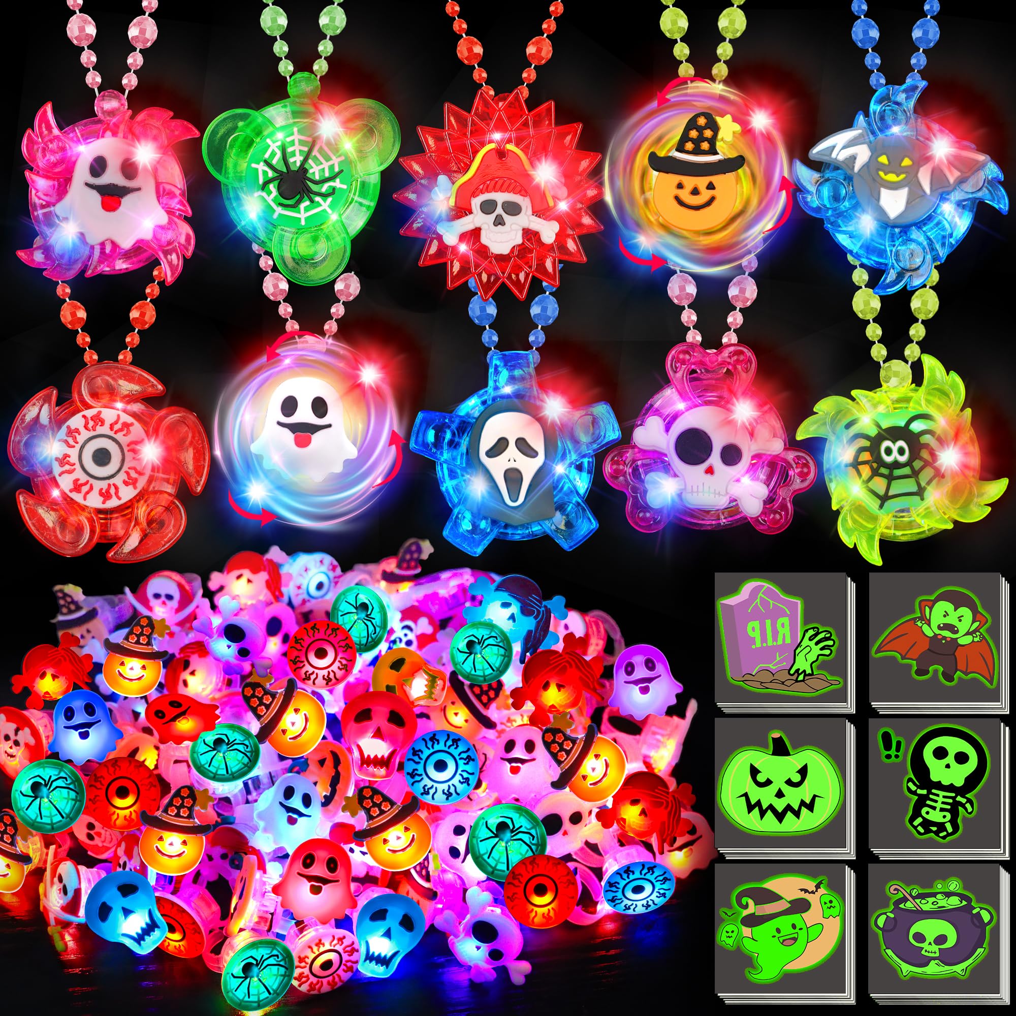 Photo 1 of 100 PCS Halloween Party Favors for Kids, Halloween Glow in The Dark Toys Bulk Party Supplies Light Up Rotating Necklace LED Ring Halloween Goodie Bag Fillers Treats for Classroom Prizes Trick or Treat