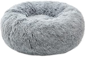TORMAYS Calming Donut Dog Bed Large, Plush Round Cuddler Dog & Cat Bed, Anit-Anxiety Marshmellow Fluffy Faux Fur Cushion(28", Grey)