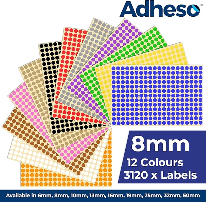 Adheso Pack of 12 Sheets of 8mm Round Coloured Easy Peel Self Adhesive