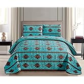 Southwest Print Bedspread 3 Piece Navajo/Native American Design Microfiber Teal Color Quilt for Cabin, Lodge Ranch Home- King Oversize (115" x 96") Southwestern Coverlet Bedding Cover (King)