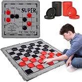 3-in-1 Vintage Giant Checkers Set, Tic Tac Toe with Reversible Mat, 24 Jumbo Chips, Family Board Game, Lawn Game, BBQ Party F