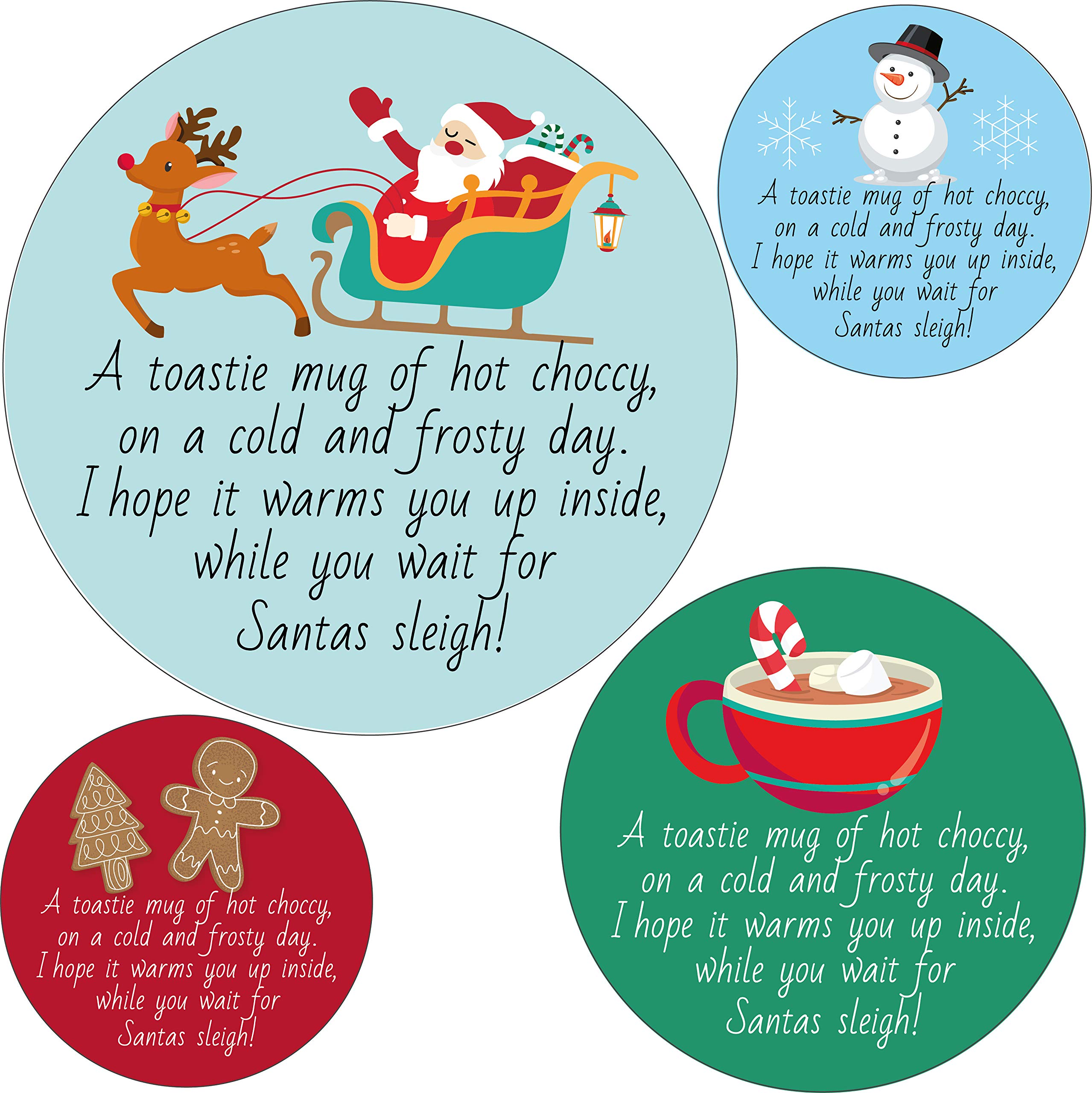 PartiKraft 40mm Christmas Hot Chocolate Cone Labels/Stickers - Snowman, Santa and Reindeer, Gingerbread Men and Hot Choccy Rhyme Designs (Pack of 24 Stickers)