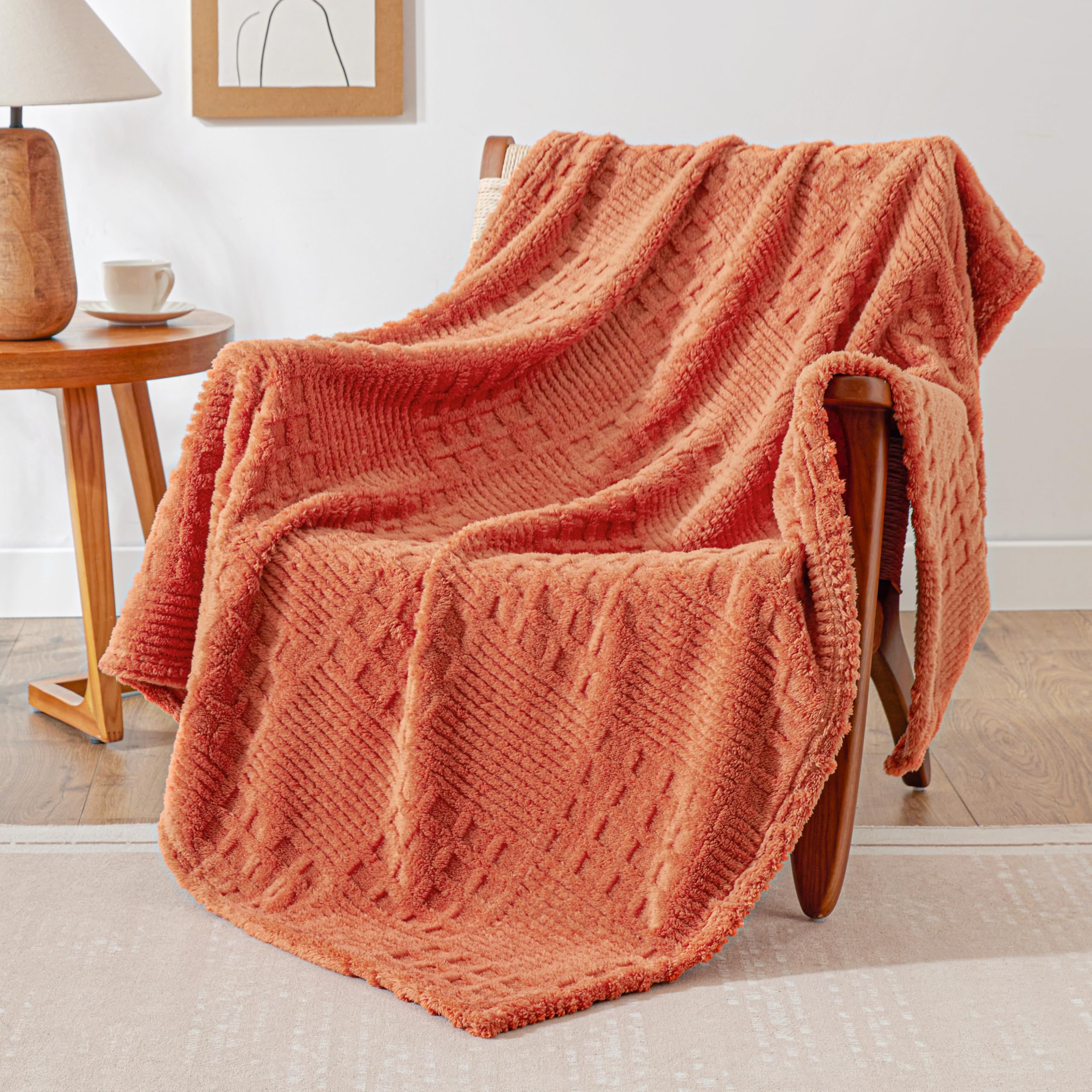 Photo 1 of EXQ Home Fall Fleece Throw Blanket for Couch or Bed - 3D Waffle Patchwork Pattern Jacquard Decorative Blankets - Cozy Soft Fuzzy Flannel Blanket Suitable for All Seasons(50"×60",Terracotta)