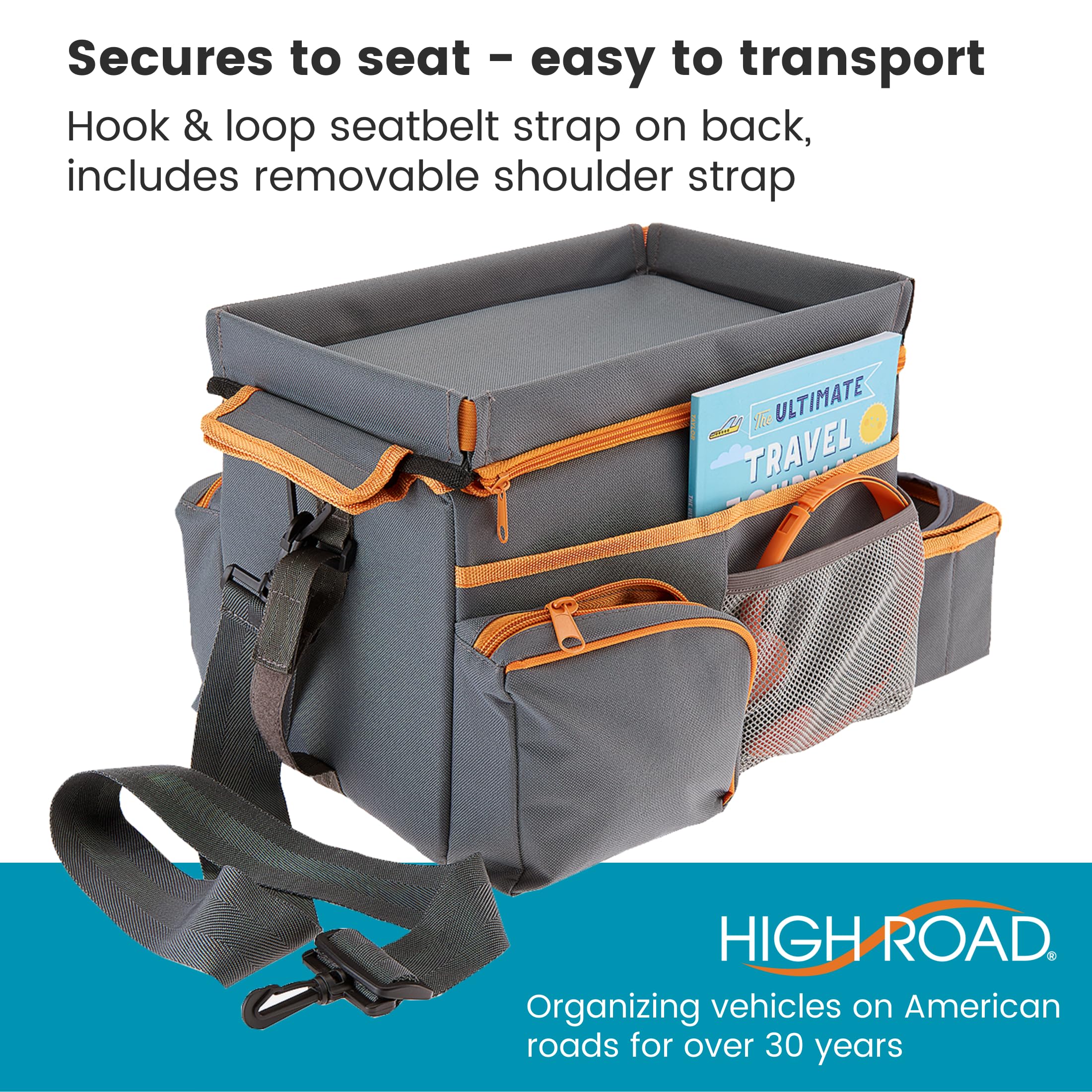 High Road CarHop Car Seat Organizer for Kids and Adults with Cup Holder Tray, Side Pockets and Cooler Compartment (Medium, Gray)