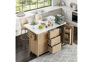 YAYZY Rolling Kitchen Island with Drop Leaf, Power Outlet & 3 Drawers, 55.5” Moveable Kitchen Island on Wheels with Storage, Faux Marble Top, Woodgrain Fluted Doors & Adjustable Shelves, Natural Oak Finish