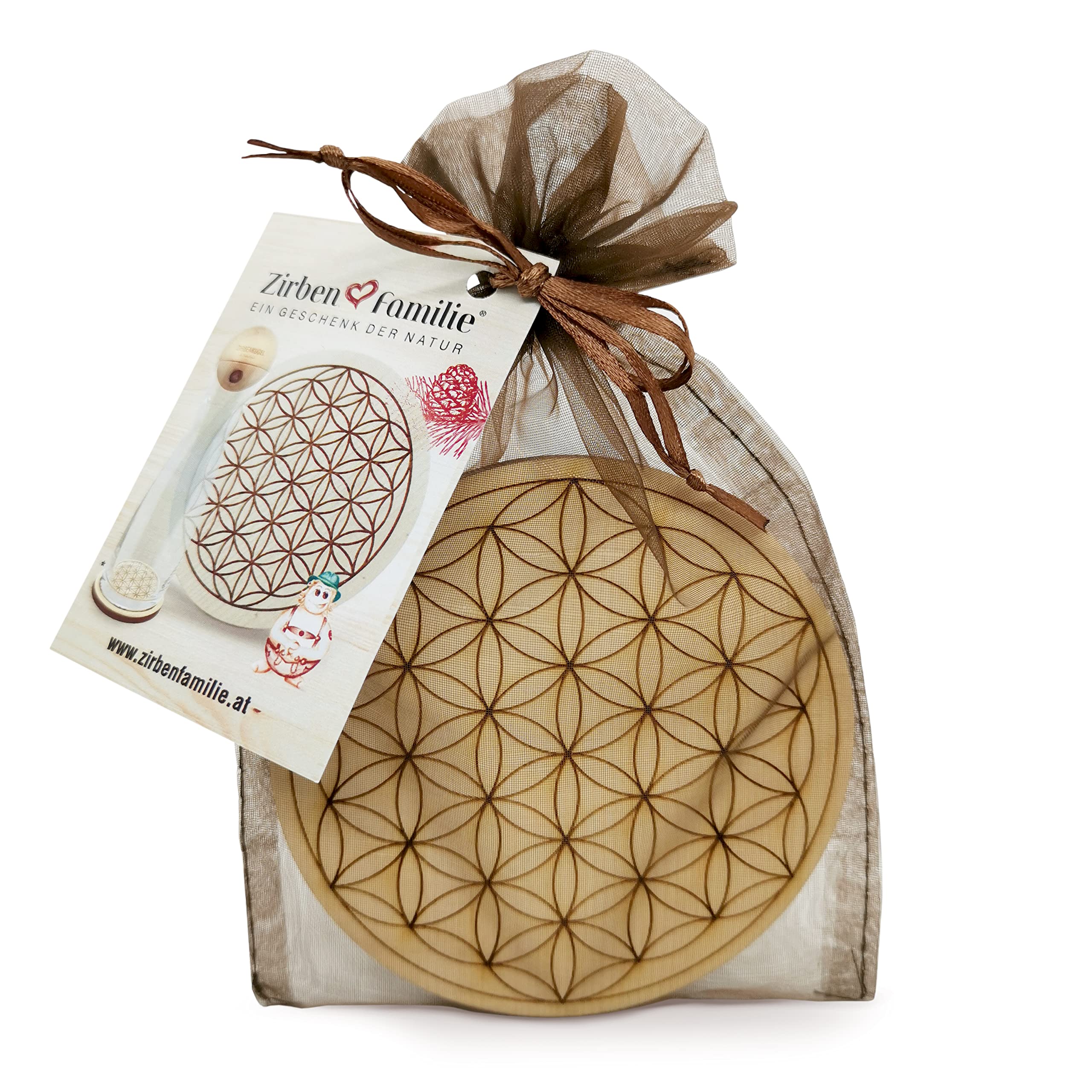 Zirben Familie Swiss Pine Flower of Life Coaster, 11cm Round, Brown Pine Wood, Decorative Protection