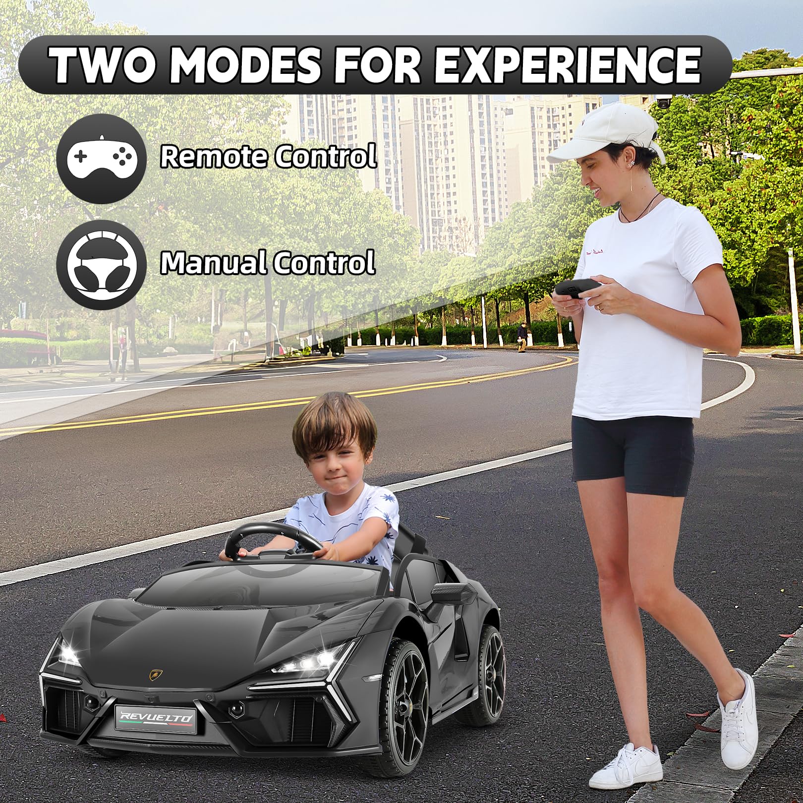 Hikole Lamborghini Remote Control car, 12V Battery Powered Ride on Toys, Brake Caliper, Liftable Scissor Doors, Driving Sounds, LED Lights, Music, Kids Sports Car for Boys&Girls, Black
